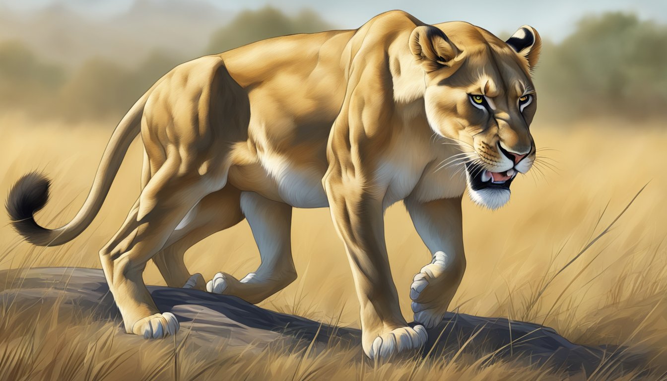 A lioness grimacing in pain, clutching her leg while hunting