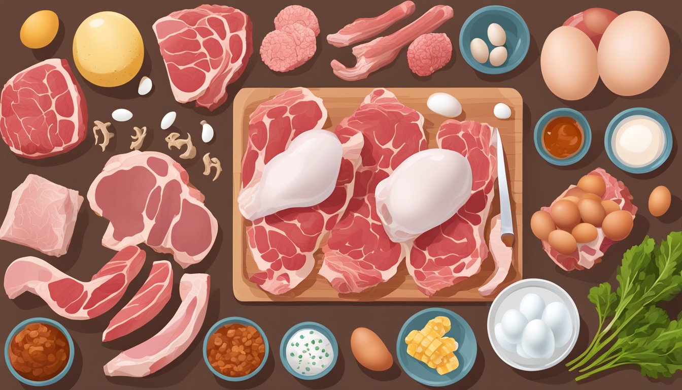 A table set with raw meat, bones, and organs, surrounded by a variety of animal products like eggs and dairy