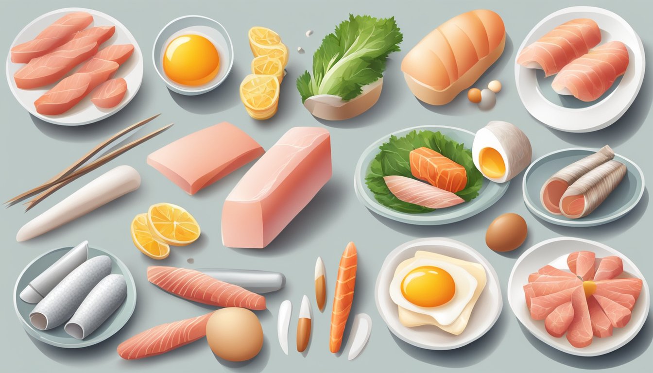 A variety of nails, including both healthy and unhealthy examples, surrounded by fresh meat, fish, and eggs