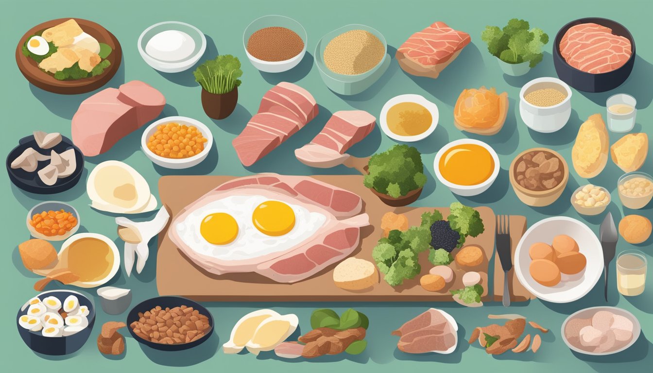 A table with a variety of animal-based foods, including meat, fish, and eggs, alongside a list of essential nutrients for nerve health