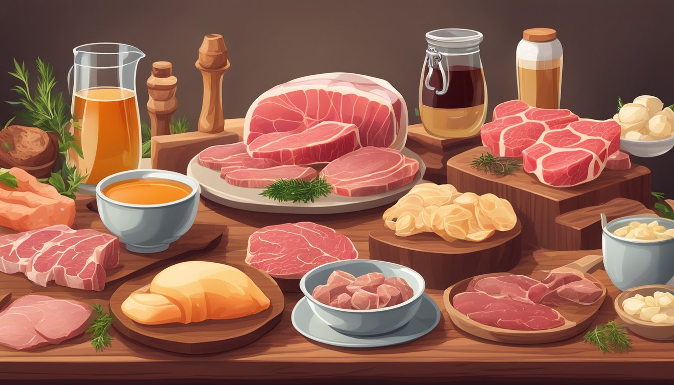 A variety of raw meats and animal products arranged on a wooden cutting board, surrounded by bone broth and organ meats