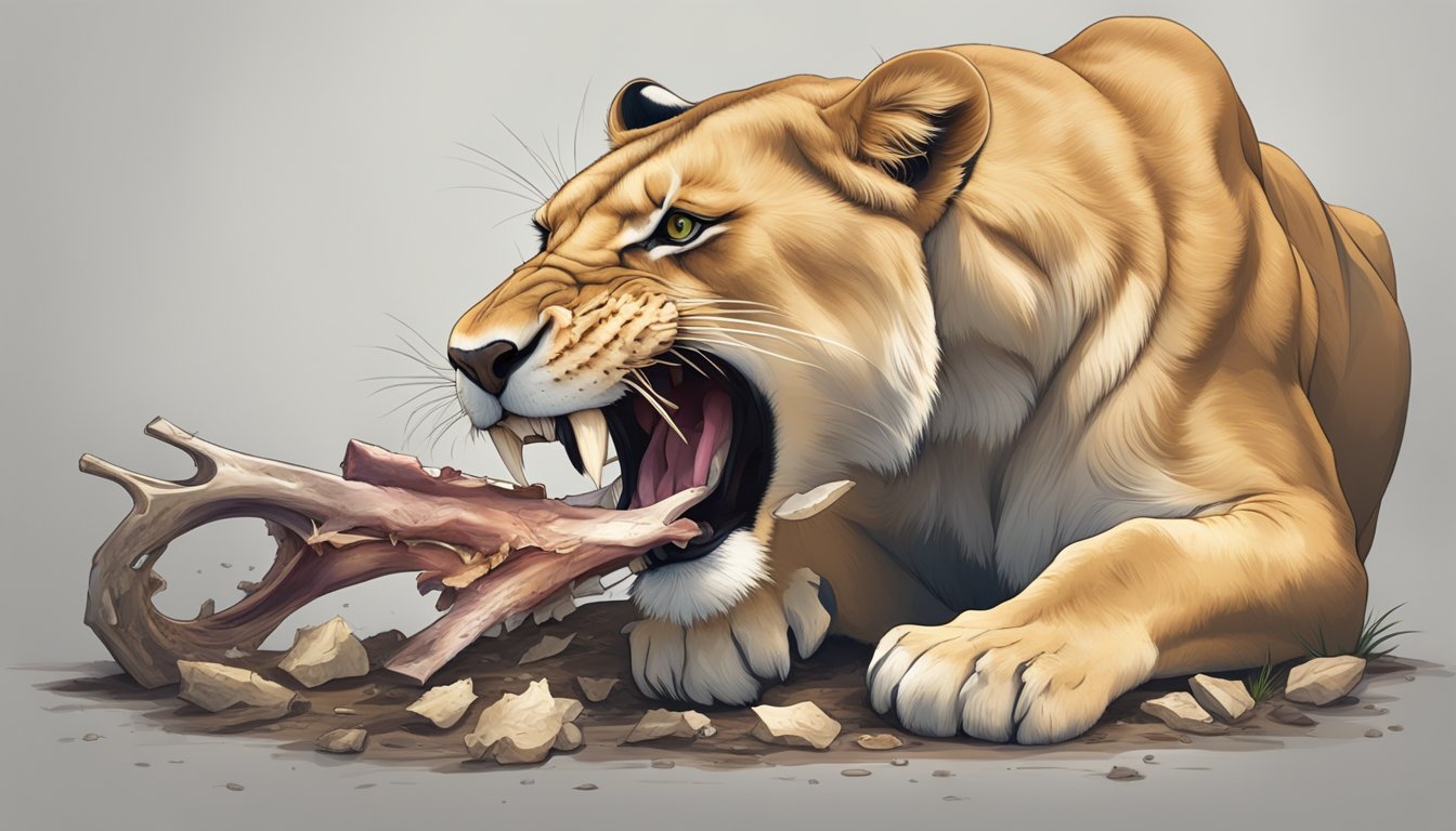 A lioness chewing on a large bone, with sharp teeth and powerful jaws, surrounded by fresh carcass remnants