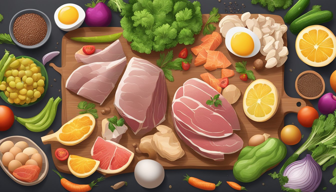 A carnivore diet: a variety of meats, fish, and eggs displayed on a wooden cutting board with vibrant vegetables and fruits in the background