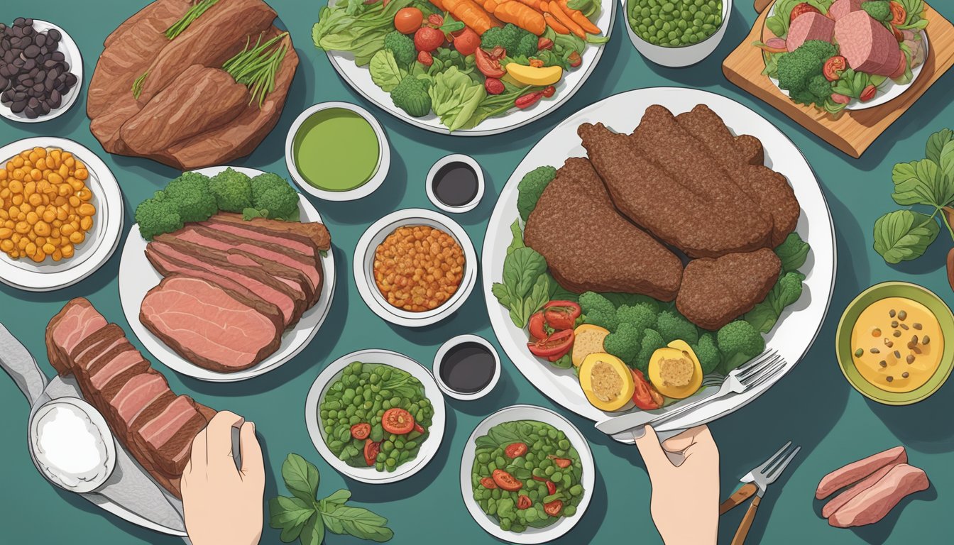 A variety of plant-based foods surrounding a plate of meat, with a person walking away from the meat towards the plant-based foods