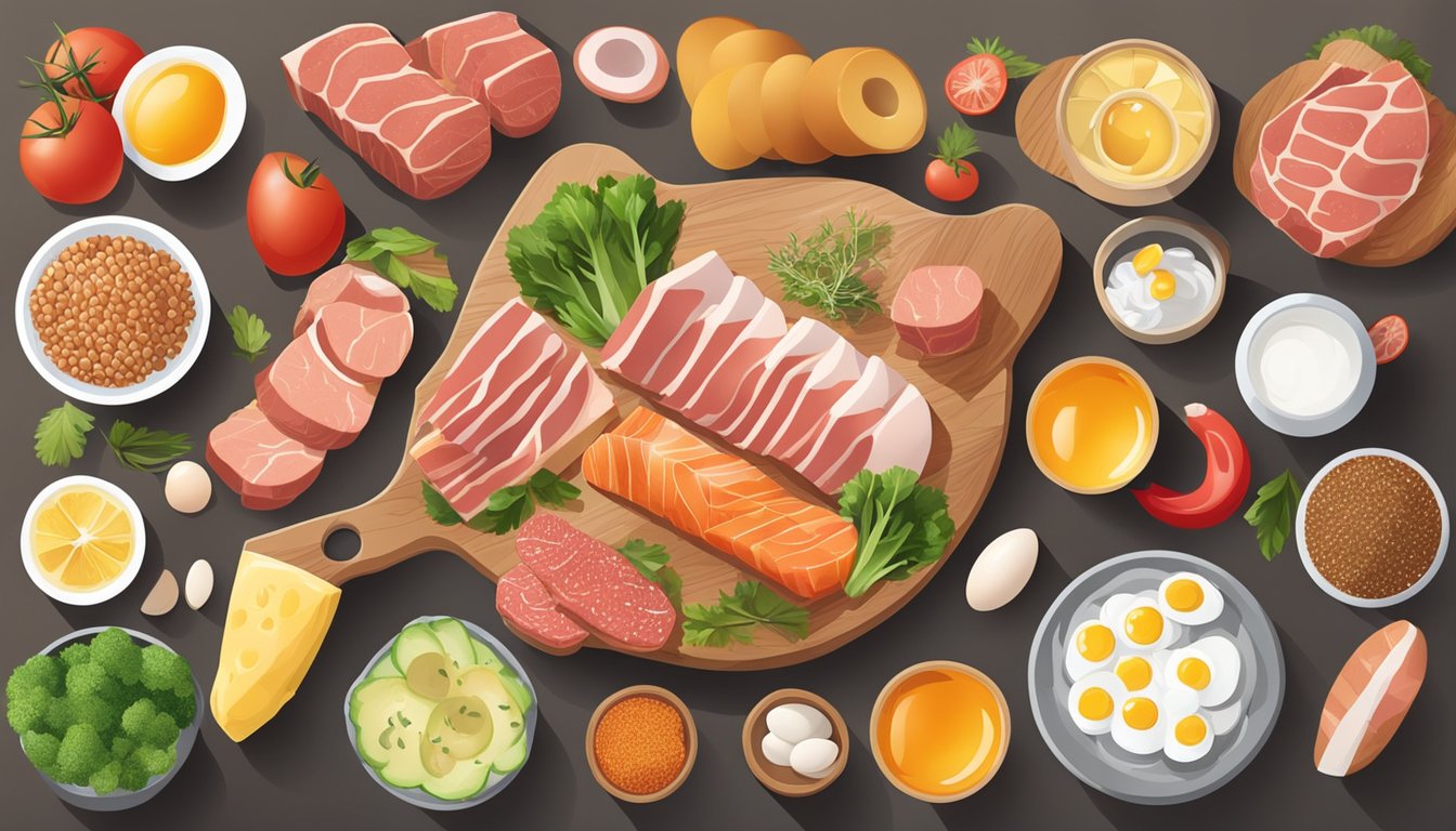 A variety of nutrient-rich foods, such as meat, fish, and eggs, surrounded by vibrant, healthy-looking nails