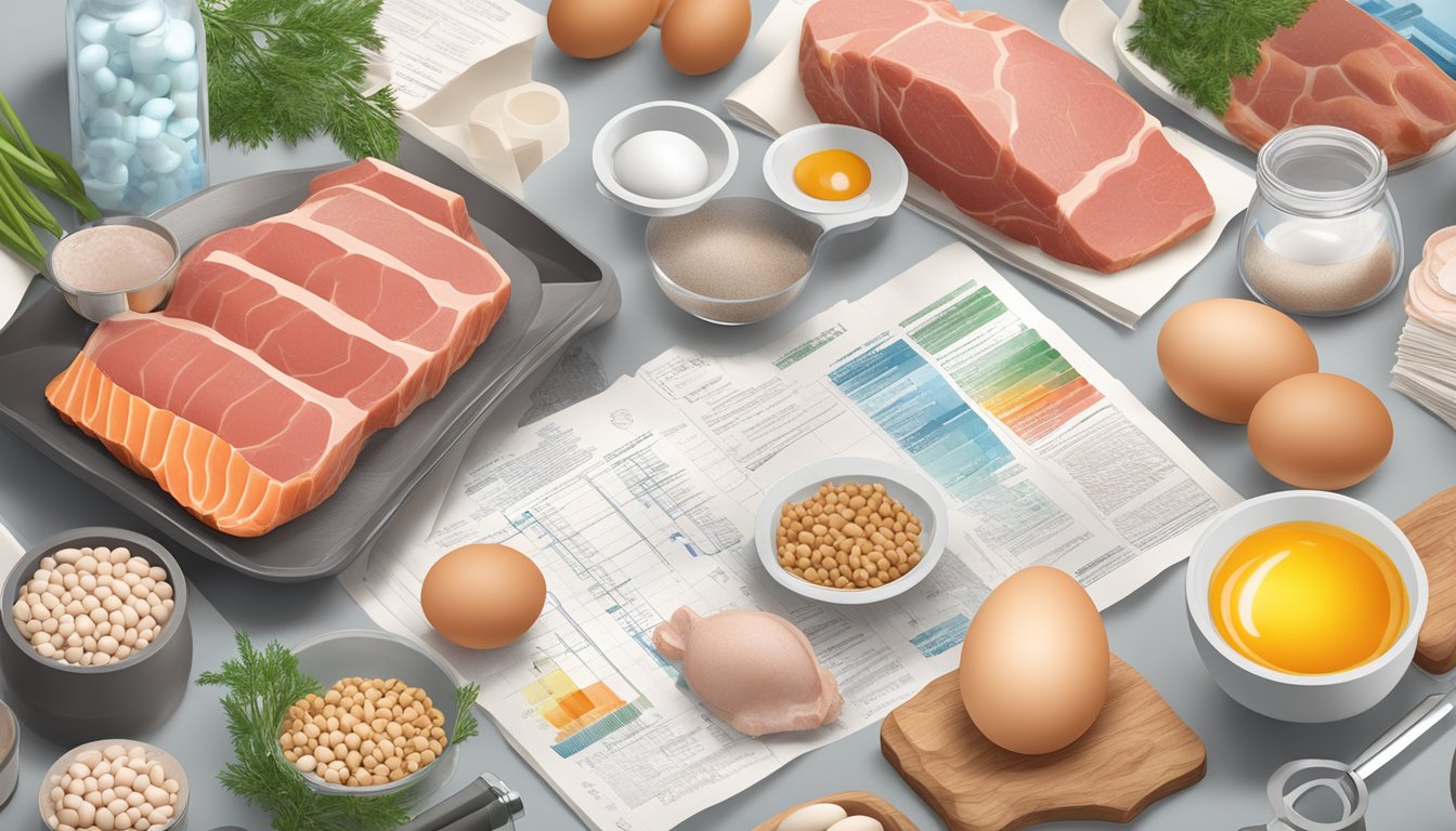 A variety of meat, fish, and eggs arranged around a bottle of mycobind supplement, with a backdrop of scientific research papers and charts