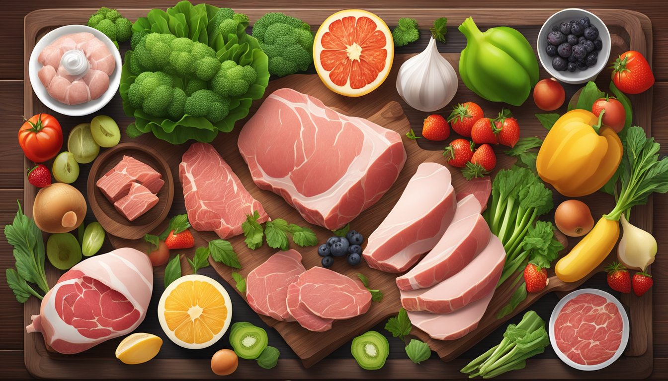 A variety of fresh meats and animal products displayed on a wooden table, surrounded by vibrant green vegetables and fruits