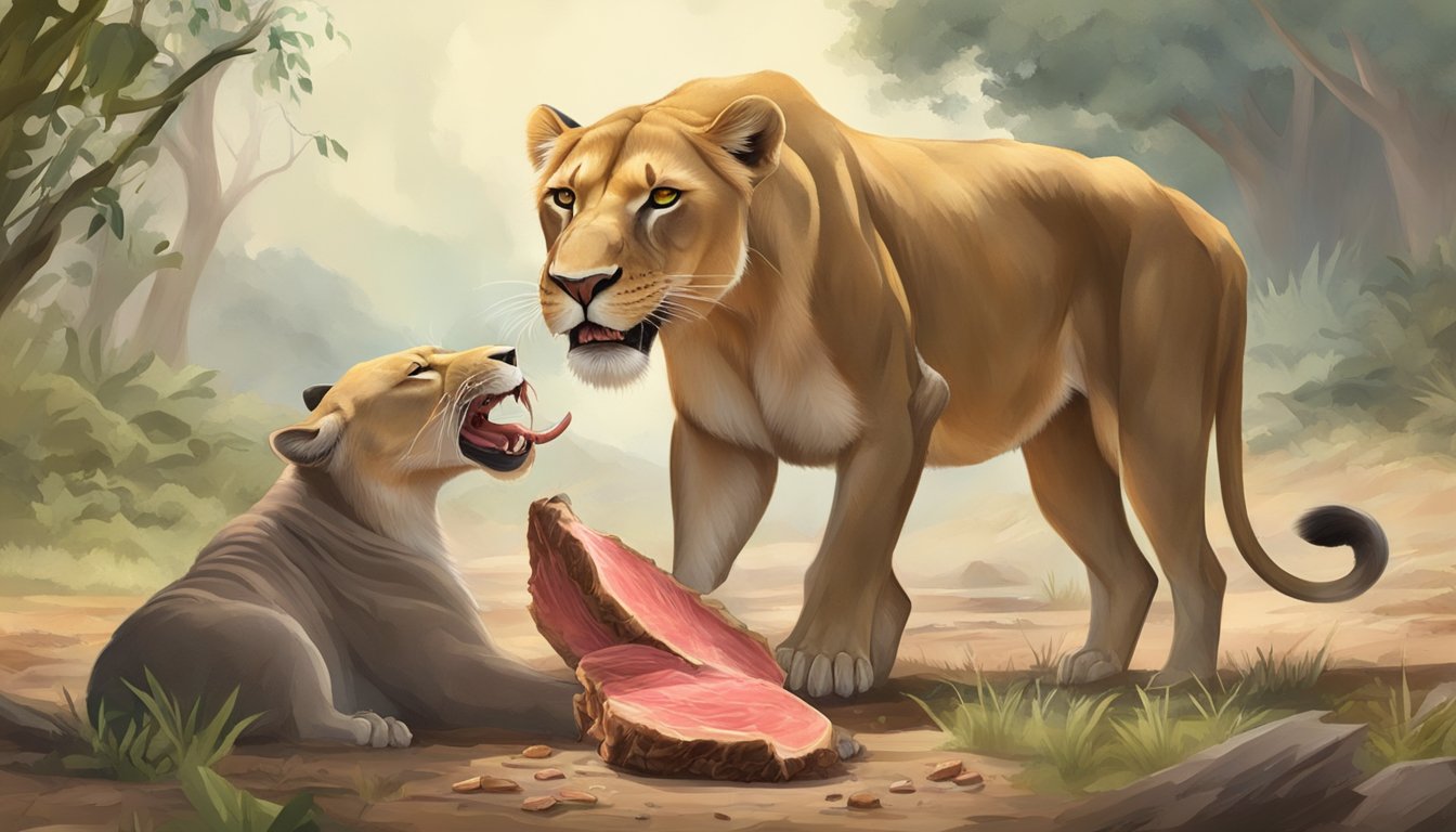 A lioness consumes a fresh kill, her powerful jaws tearing into the meat as she benefits from the nutrients in the mycobind-rich flesh