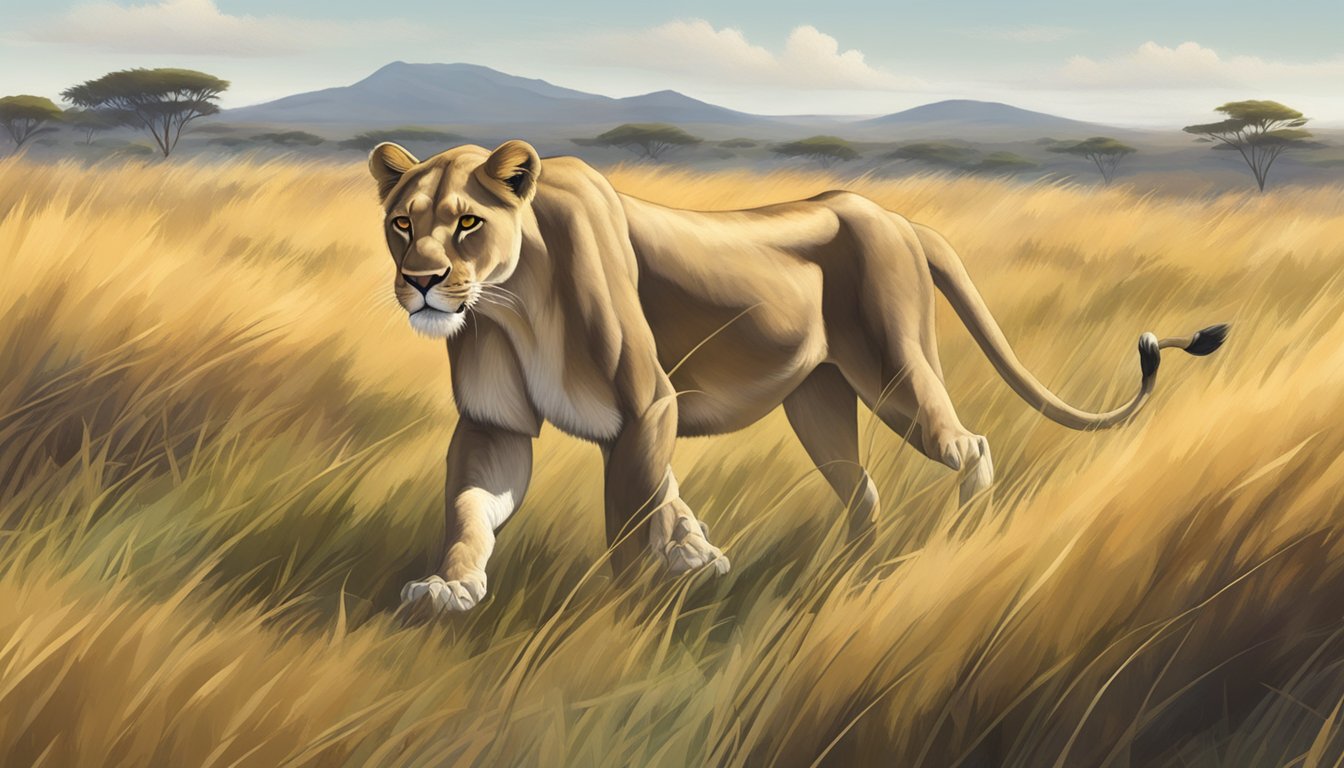 A lioness prowls through a grassy savanna, stalking her prey with focused determination