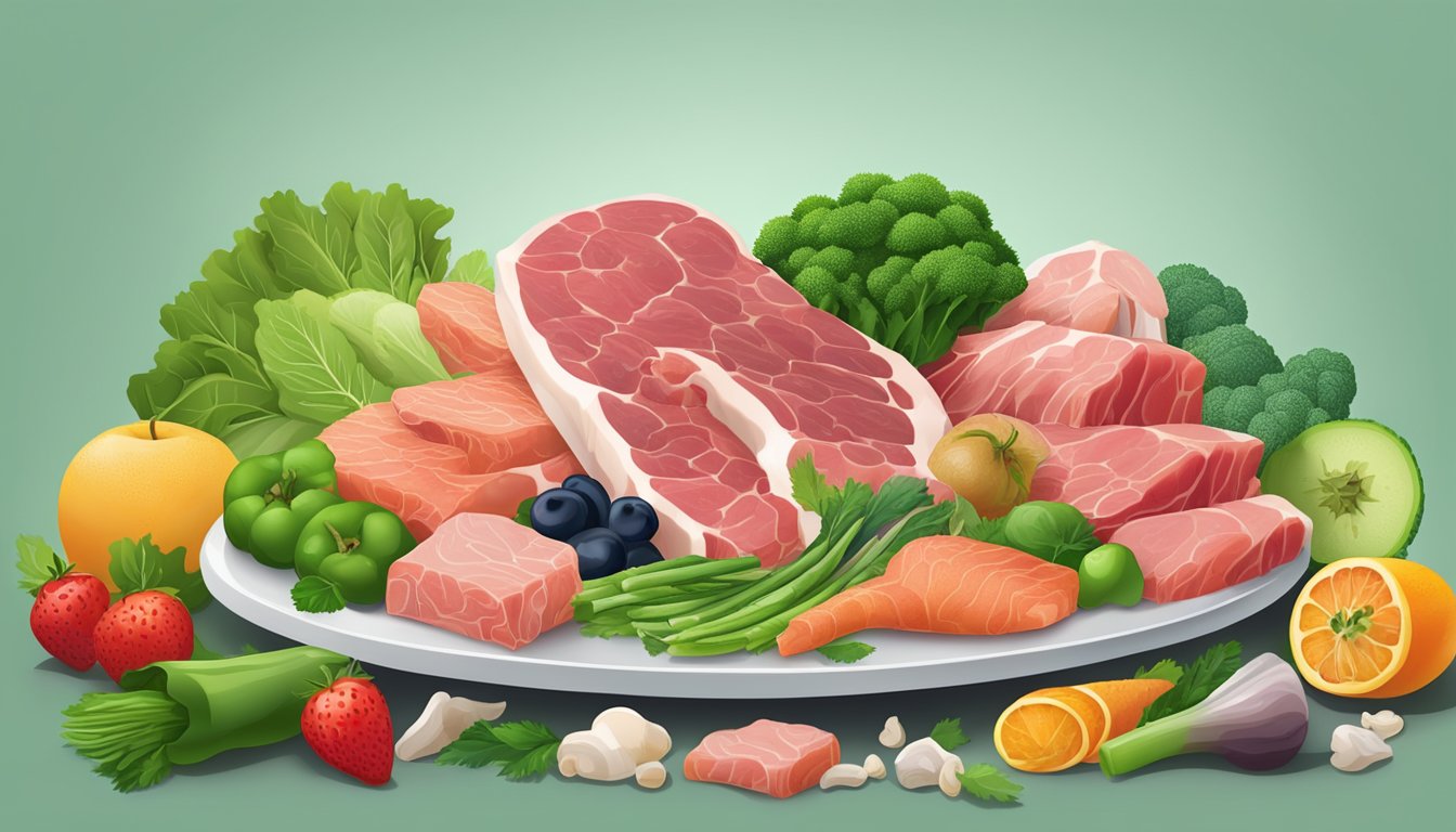 A variety of fresh, raw meats and bones arranged on a plate, surrounded by vibrant green vegetables and fruits