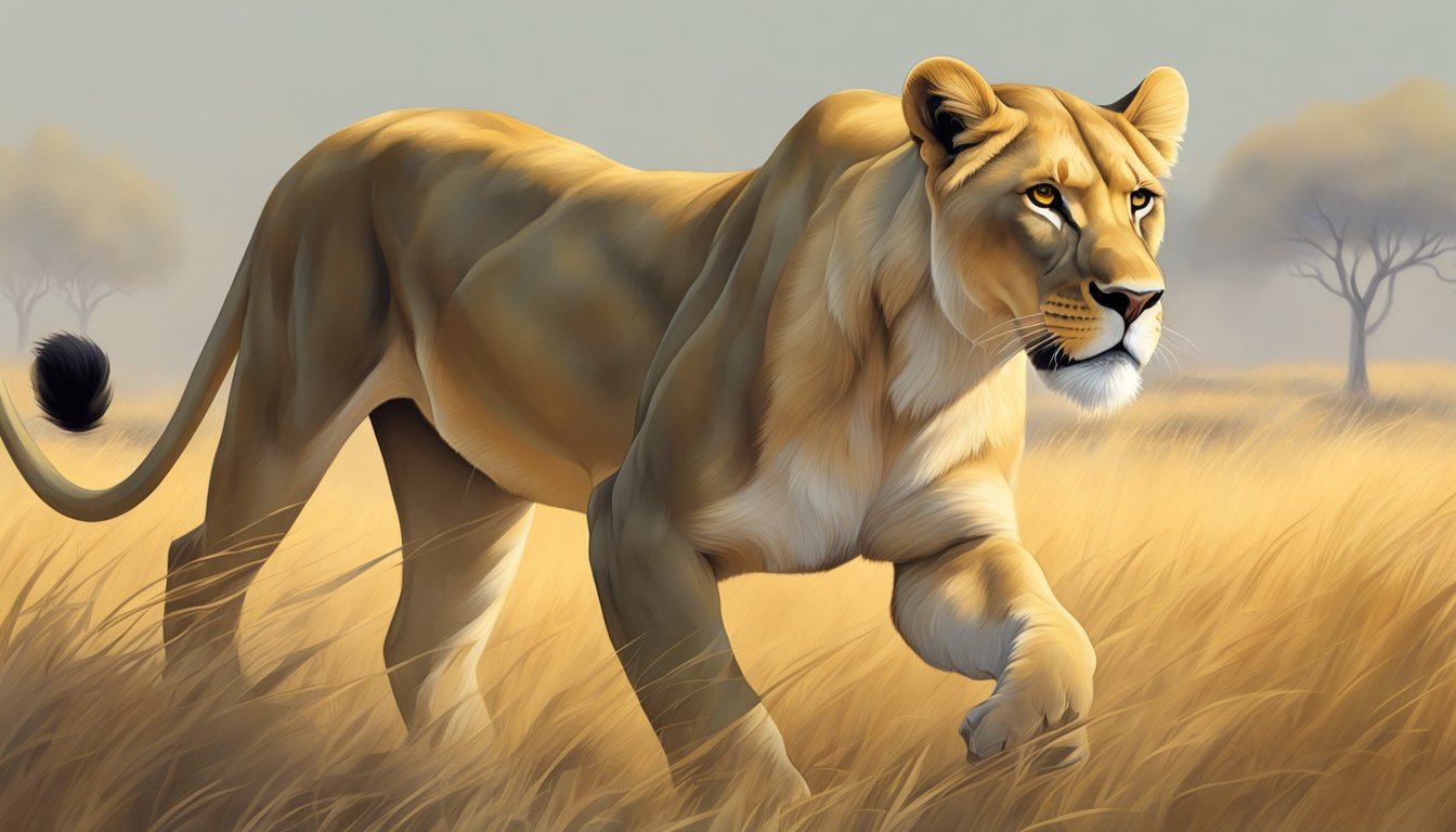 A lioness prowls through the savanna, her powerful muscles rippling beneath her golden coat as she stalks her prey