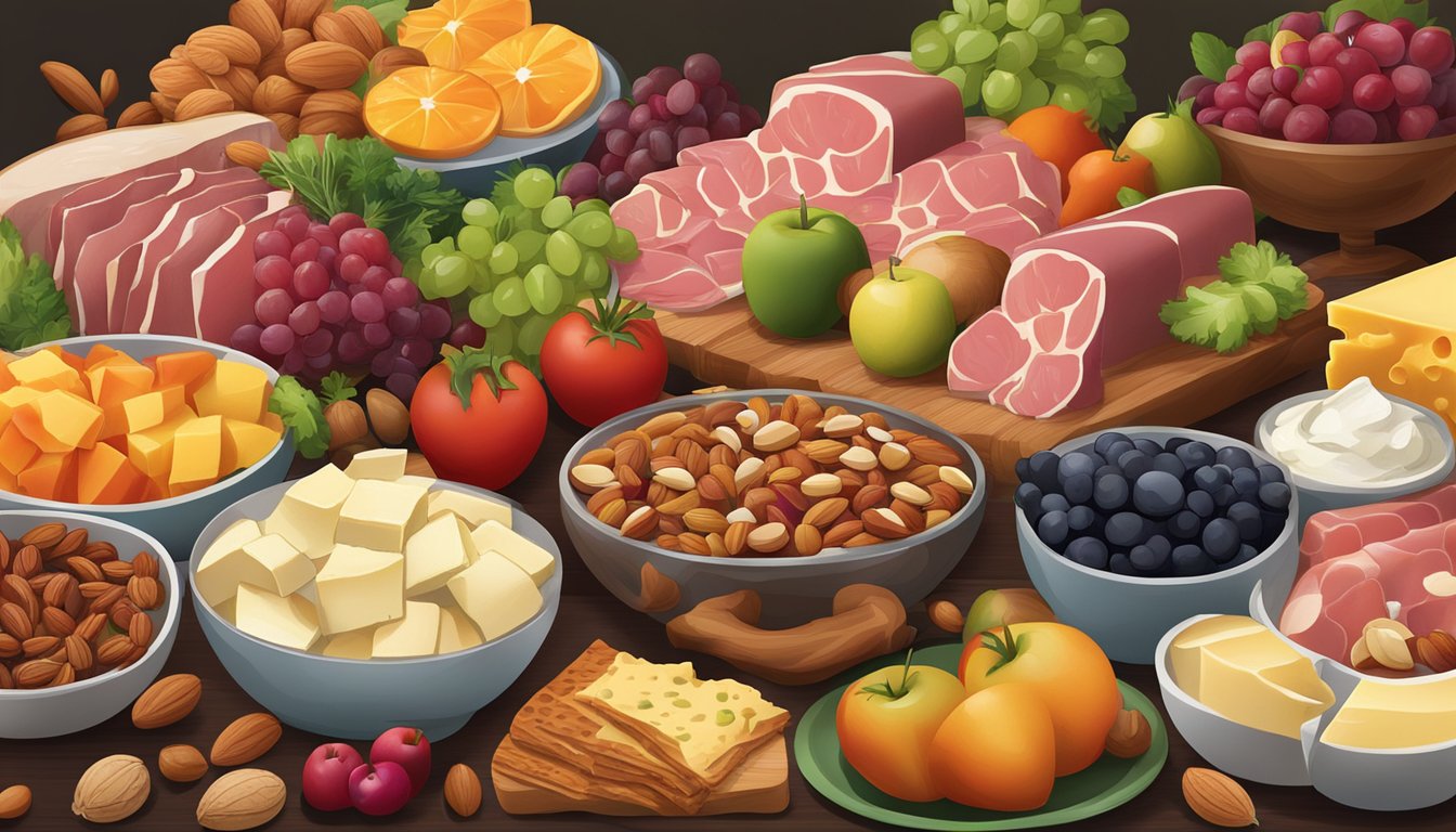 A table spread with a variety of meats, cheeses, and nuts, with vibrant fruits and vegetables in the background