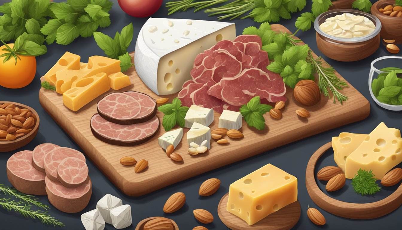 A variety of meat and cheese snacks arranged on a wooden cutting board, surrounded by fresh herbs and nuts