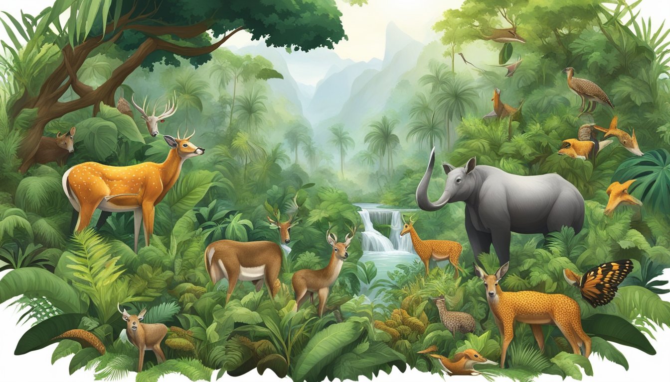 A lush, untamed jungle teeming with wild game and vibrant foliage, showcasing the natural diet of carnivorous animals