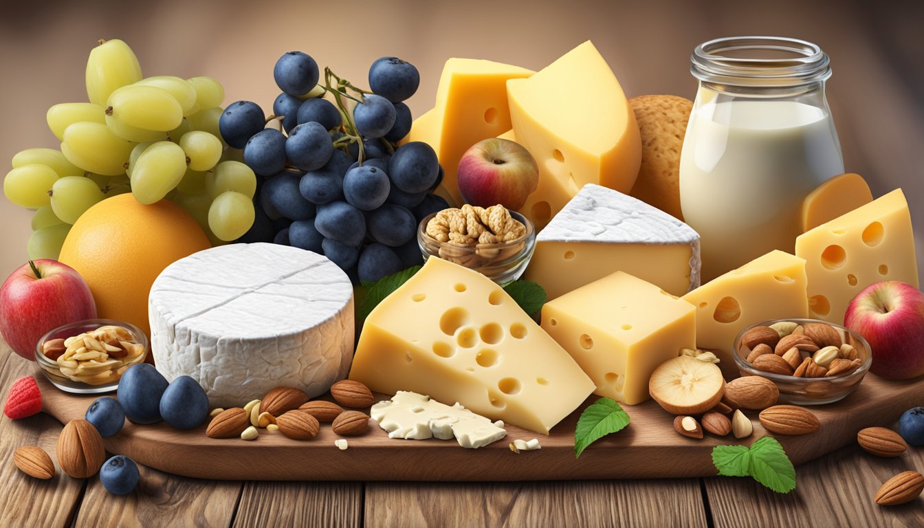 A variety of cheese and dairy products arranged on a wooden board, surrounded by colorful fruits and nuts