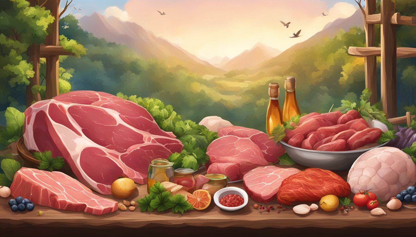 A variety of fresh, raw meats and organs arranged in a natural, rustic setting, surrounded by vibrant greenery and wild animals