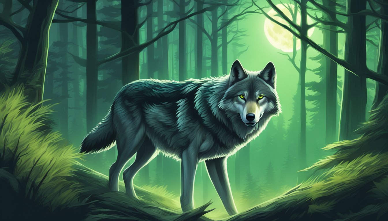 A wolf prowls through a moonlit forest, its eyes glowing with an eerie green light as it hunts for prey