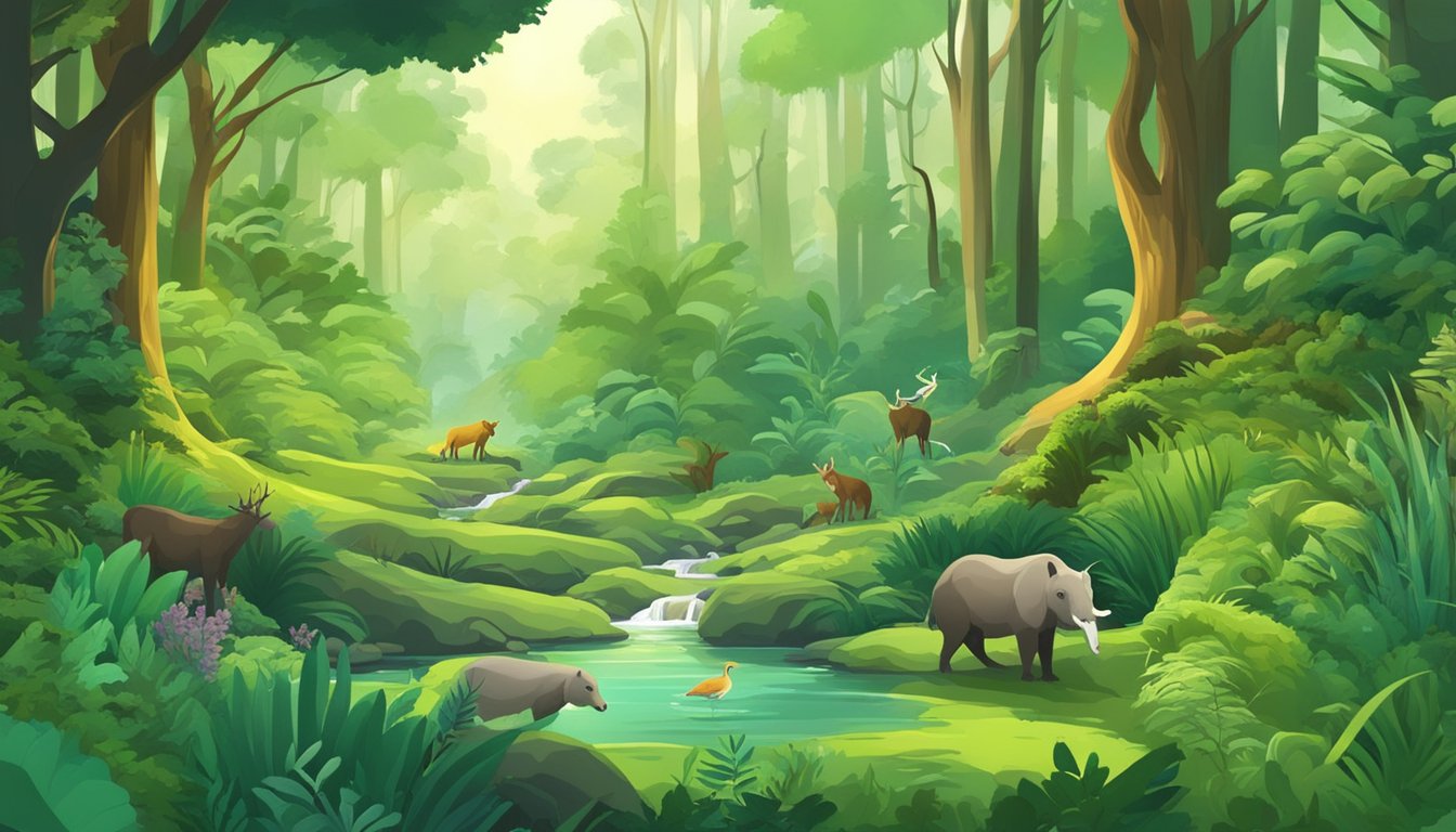 A lush forest with various animals foraging for food among vibrant green plants and clear streams