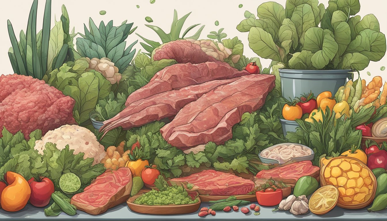 A carnivorous animal consuming raw meat, surrounded by various plant-based foods emitting toxic fumes