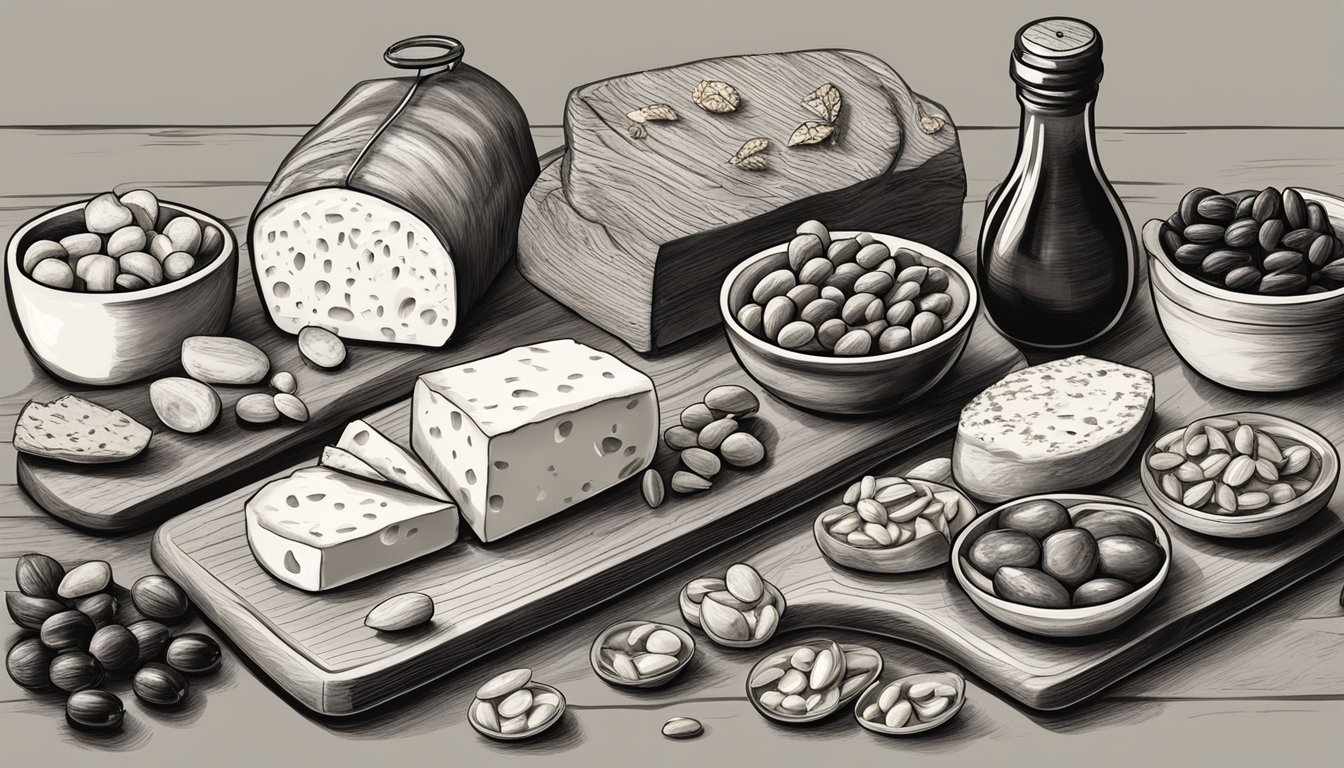 A wooden cutting board with assorted meats, cheeses, and nuts arranged neatly. A small bowl of olives and pickles sits nearby