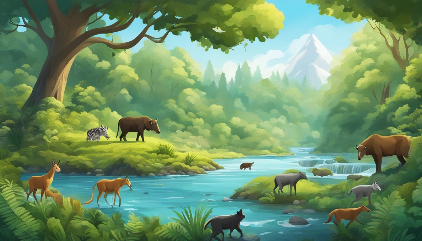 A lush forest with various animals foraging for food, surrounded by a flowing river and clear blue skies, representing the natural detoxification processes of a carnivore diet