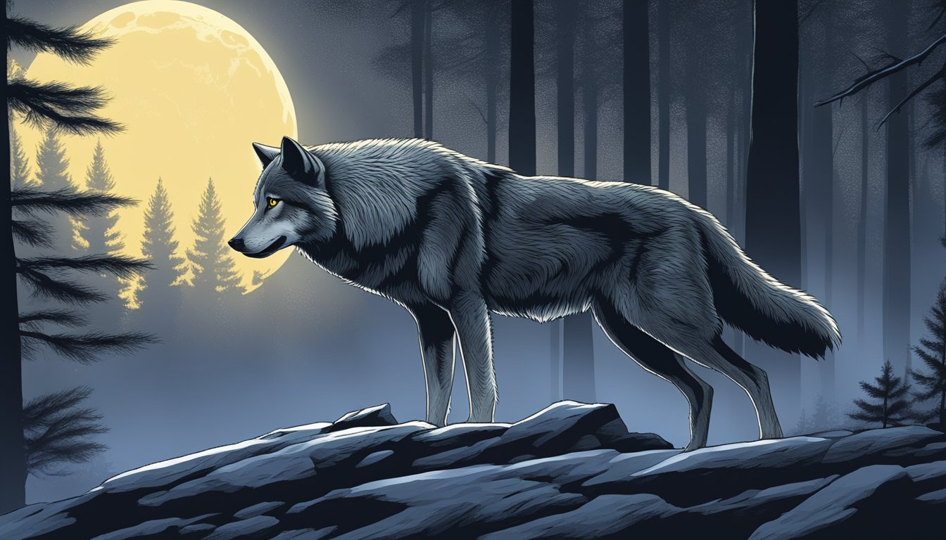 A wolf prowls through a moonlit forest, its keen eyesight allowing it to easily spot its prey in the darkness