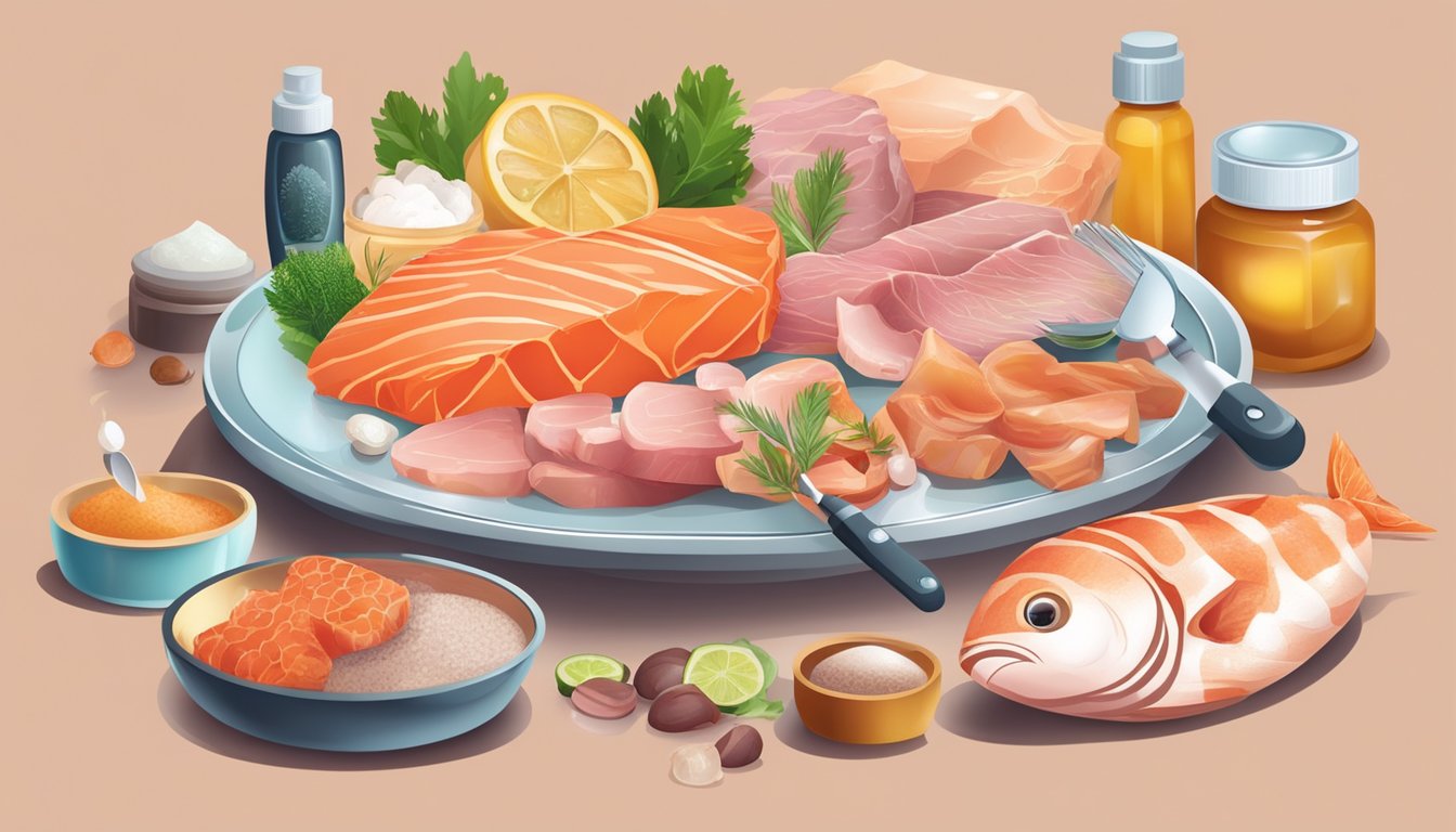 A plate with a variety of fatty meats and fish, surrounded by oily skin products and a magnifying glass