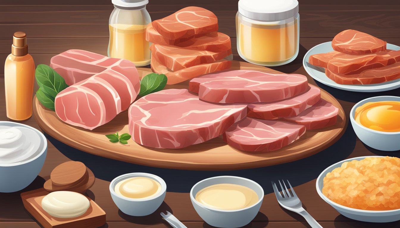 A plate of fatty meats surrounded by shiny, oily skin care products on a wooden table