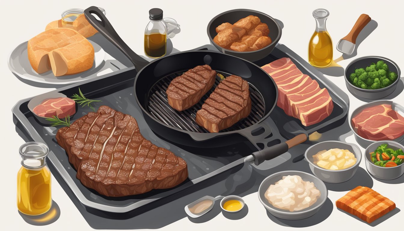 A sizzling steak frying in a pan with a generous amount of oil, surrounded by various cuts of meat and containers of lard and tallow