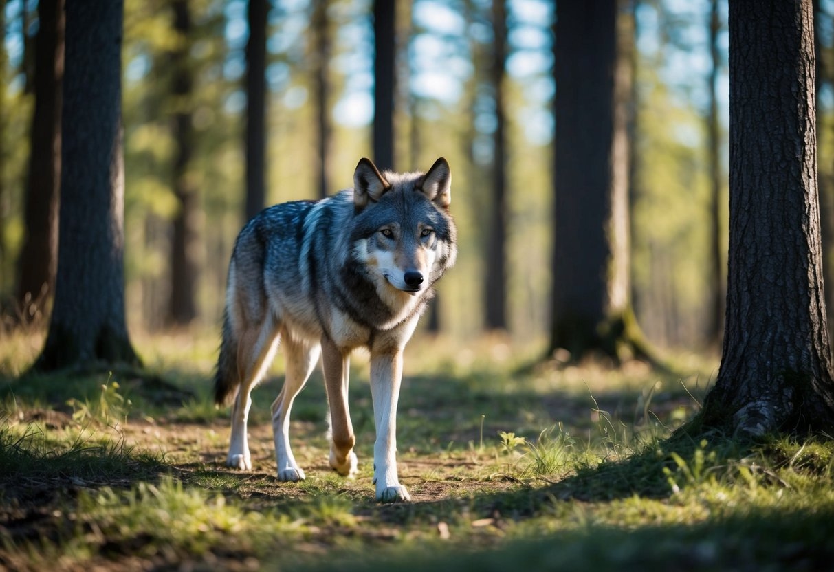 A lone wolf prowls through a dense forest, its keen eyes scanning the surroundings for prey. The sunlight filters through the trees, casting dappled shadows on the forest floor