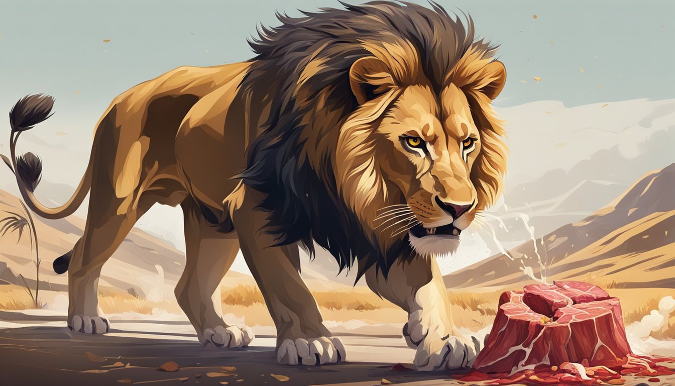 A lion crouches over a fresh kill, tearing into the meat with powerful jaws and sharp teeth. Blood drips from its muzzle as it consumes its nutrient-rich meal