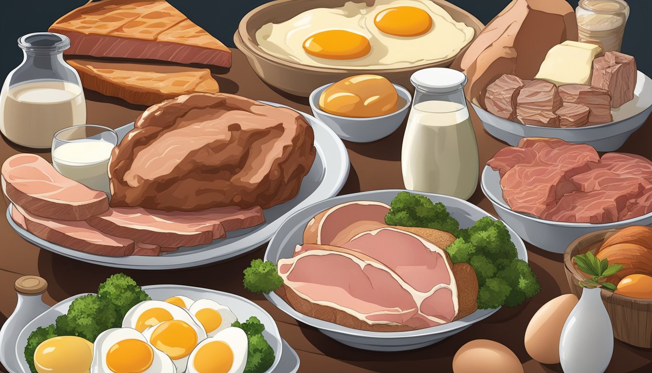 A table filled with various meats, eggs, and dairy products. No fruits, vegetables, or grains in sight