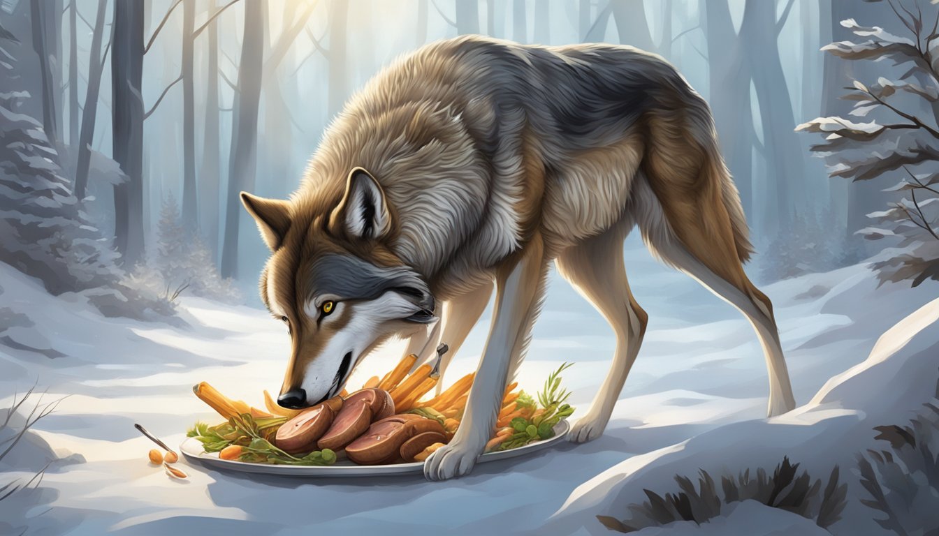 A wolf consuming a freshly caught deer, with the focus on the digestive system and the process of nutrient absorption in the body