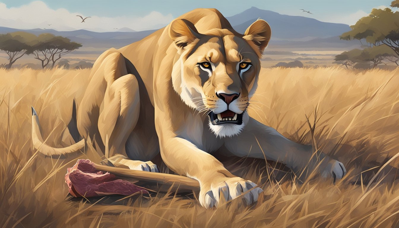 A lioness crouches over a fresh kill, tearing into the meat with powerful jaws and sharp teeth. The savannah landscape stretches out behind her, with a few scattered bones and vultures circling overhead