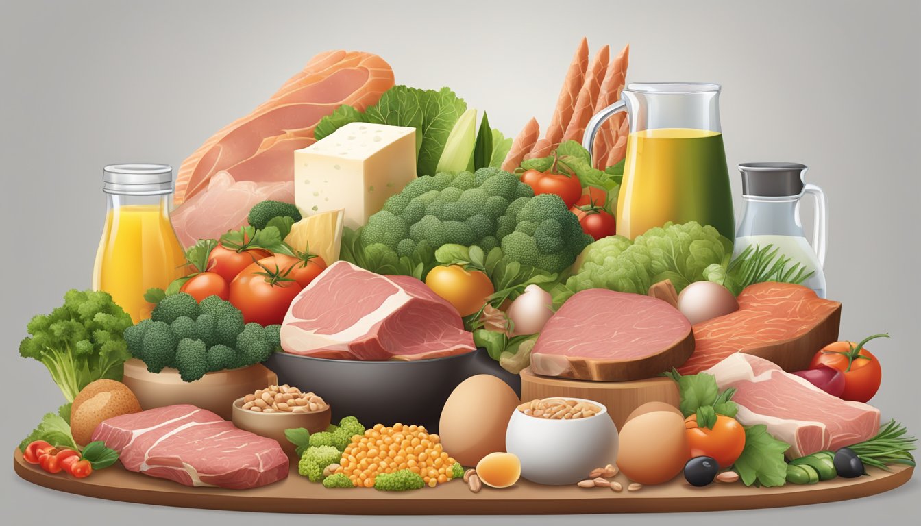 A variety of nutrient-rich foods arranged in a balanced and visually appealing composition, with a focus on meat, fish, eggs, and organ meats