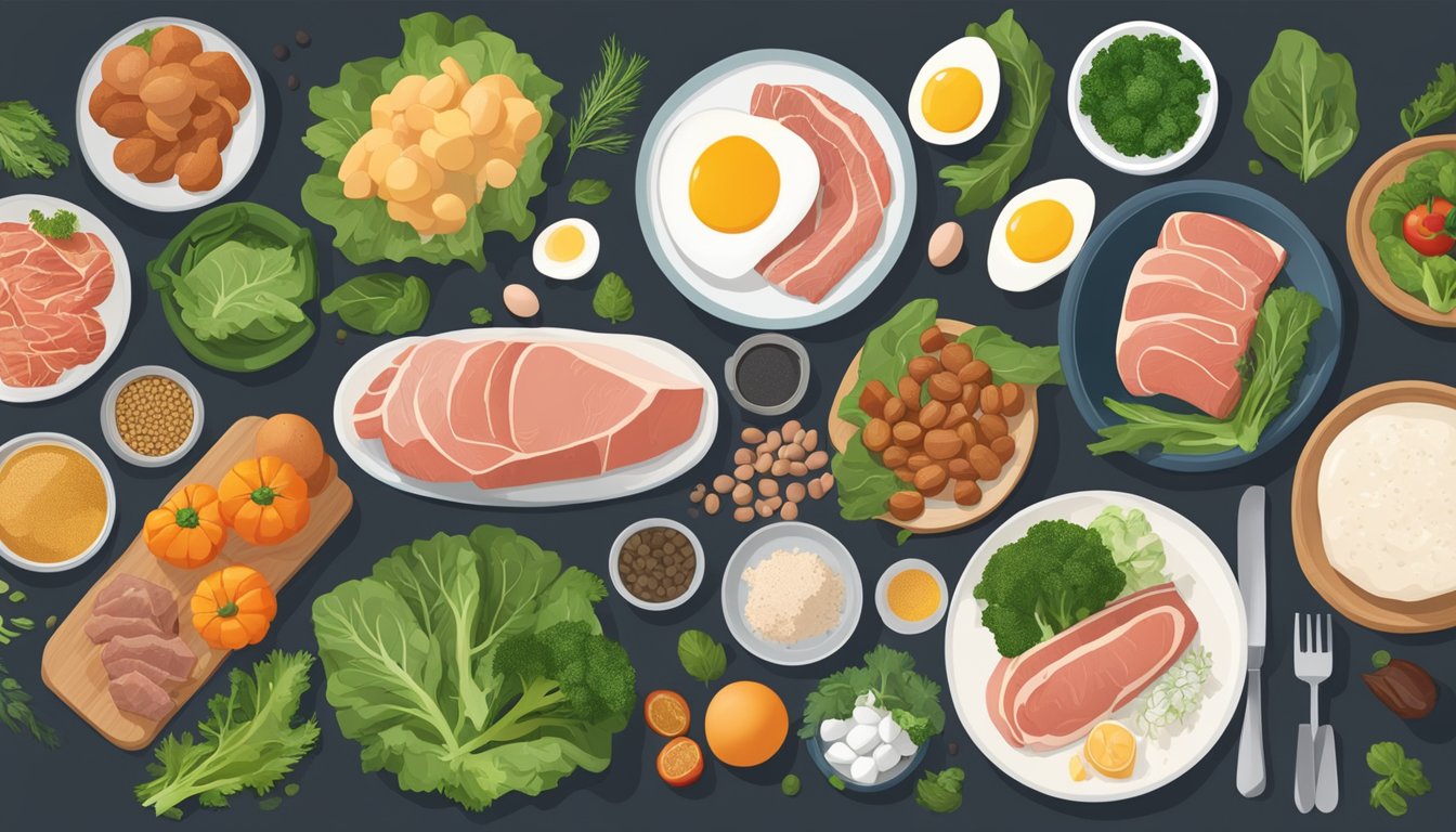 A table set with a variety of nutrient-rich foods, including meat, fish, eggs, and leafy greens, surrounded by digestive enzymes and a healthy gut microbiome