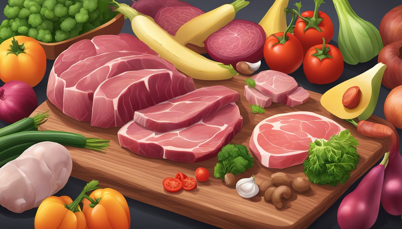 A variety of fresh, raw meats and organs arranged on a cutting board, surrounded by colorful vegetables and fruits