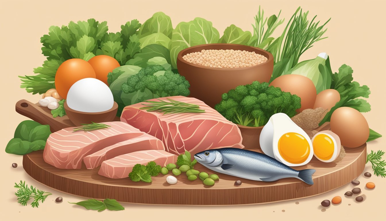 A variety of nutrient-dense animal foods, such as meat, fish, and eggs, are arranged on a wooden cutting board surrounded by fresh herbs and vegetables