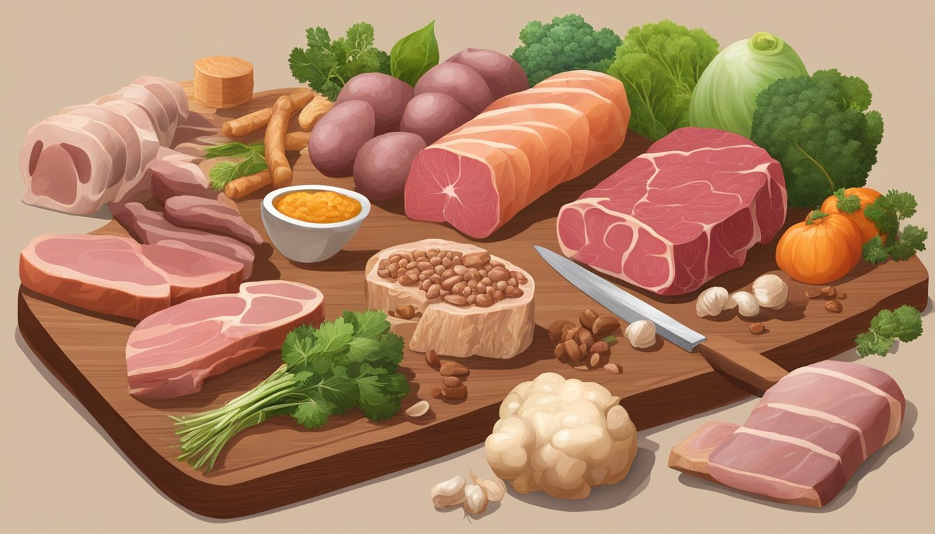 A variety of nutrient-dense animal foods, such as meat, organs, and bone marrow, are arranged on a wooden cutting board