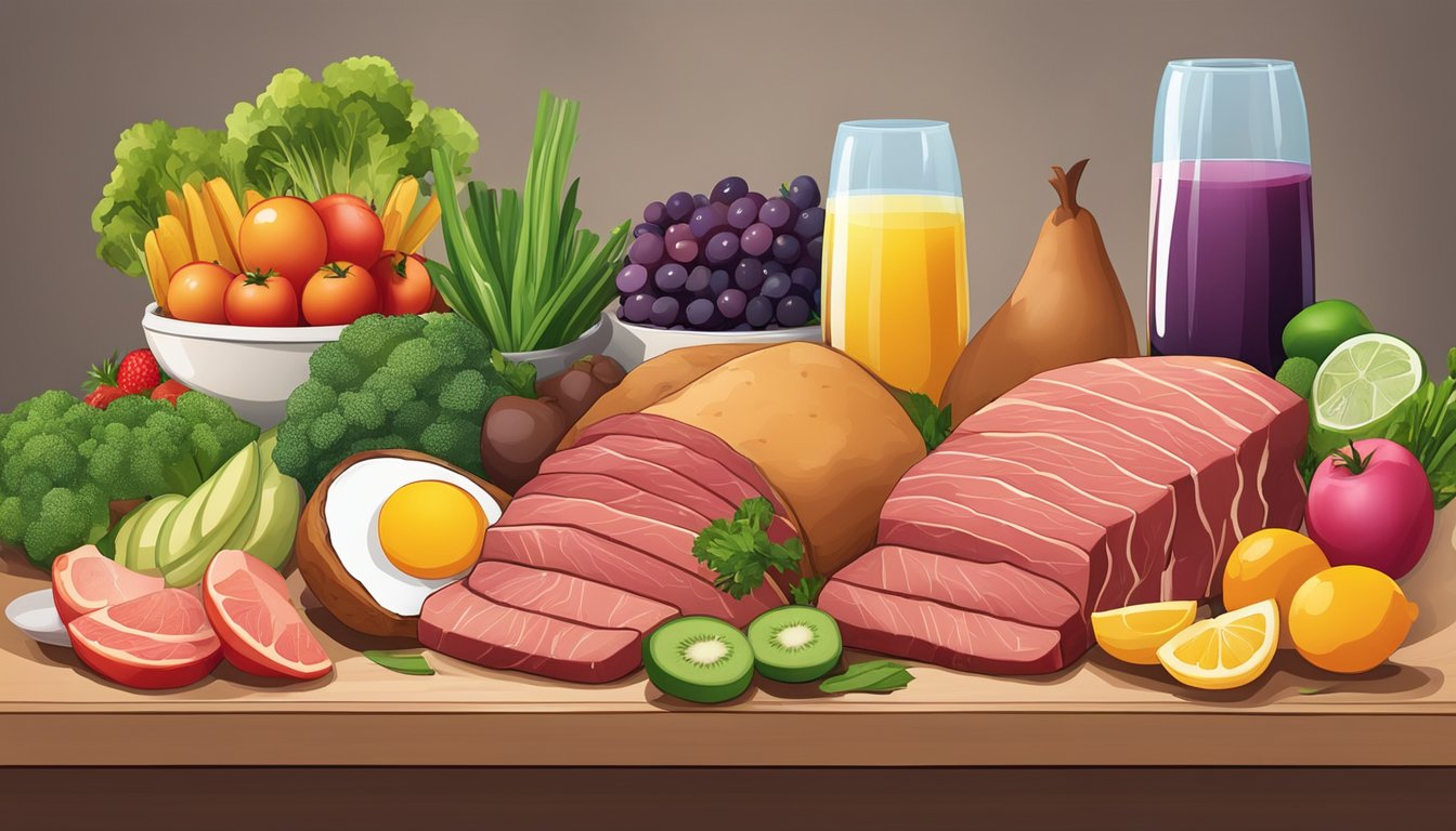 A variety of nutrient-dense foods, such as red meat, fish, and eggs, are displayed on a table surrounded by colorful fruits and vegetables