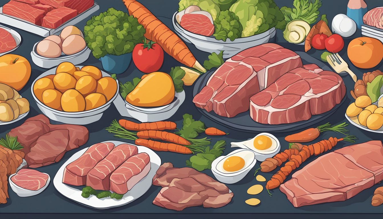 A table filled with various meats, fish, eggs, and organ meats surrounded by colorful fruits and vegetables. A stack of scientific papers and research articles on the benefits of a carnivore diet