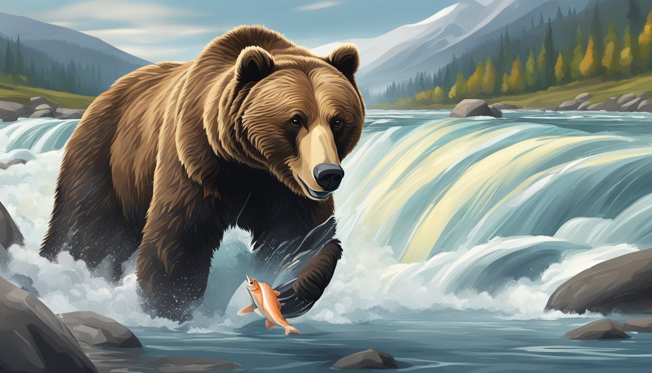 A grizzly bear catching a salmon in a rushing river