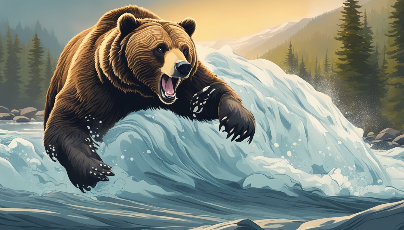 A fierce grizzly bear catching a leaping salmon in a rushing river