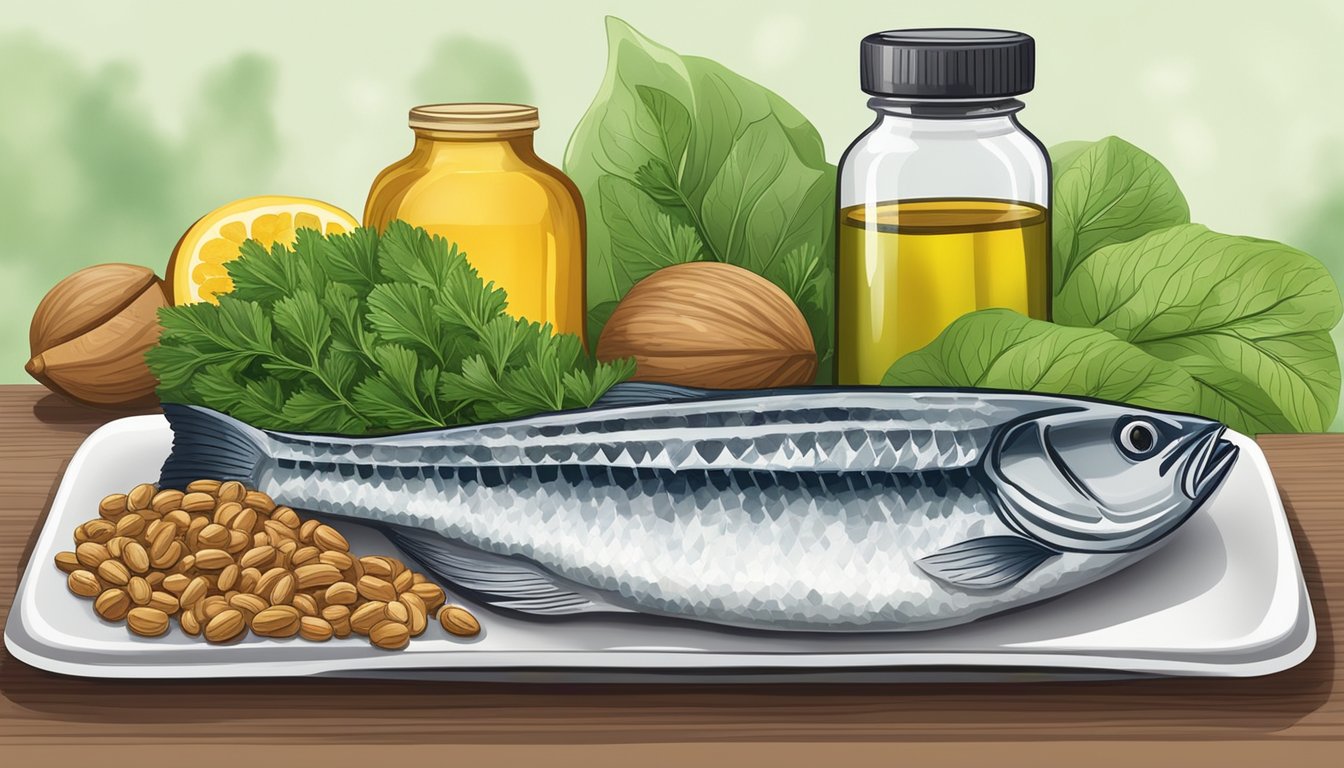 A plate of fresh fish, flaxseeds, and walnuts arranged next to a bottle of fish oil capsules, with a background of green leafy vegetables and fruits