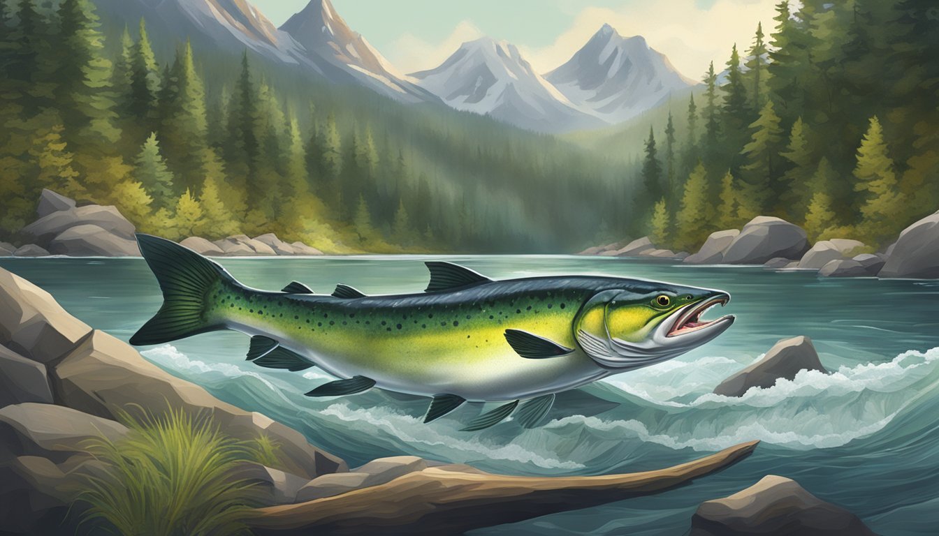 A carnivorous creature devouring a low magnesium salmon from a pristine river