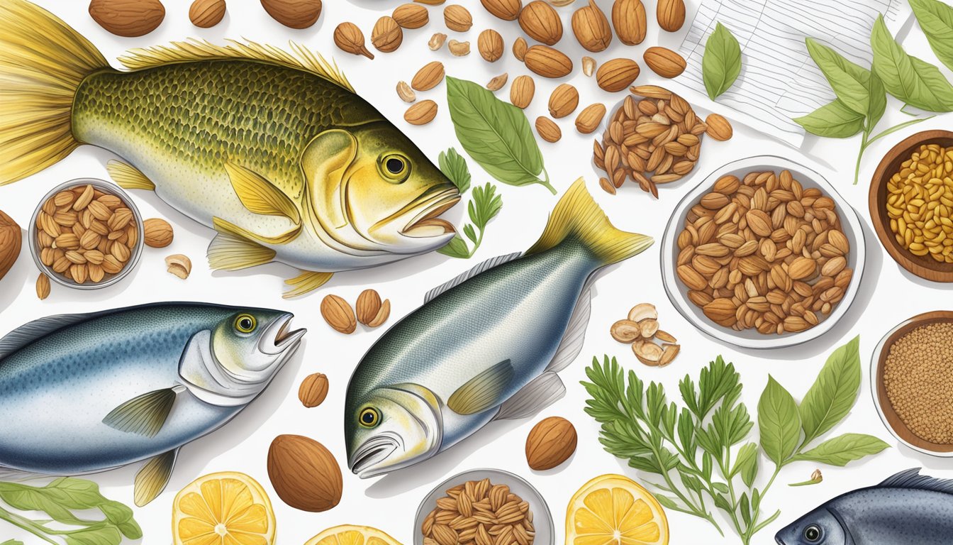 A variety of fish, flaxseeds, and walnuts arranged on a table, surrounded by scientific articles on omega 3 and MMP-9