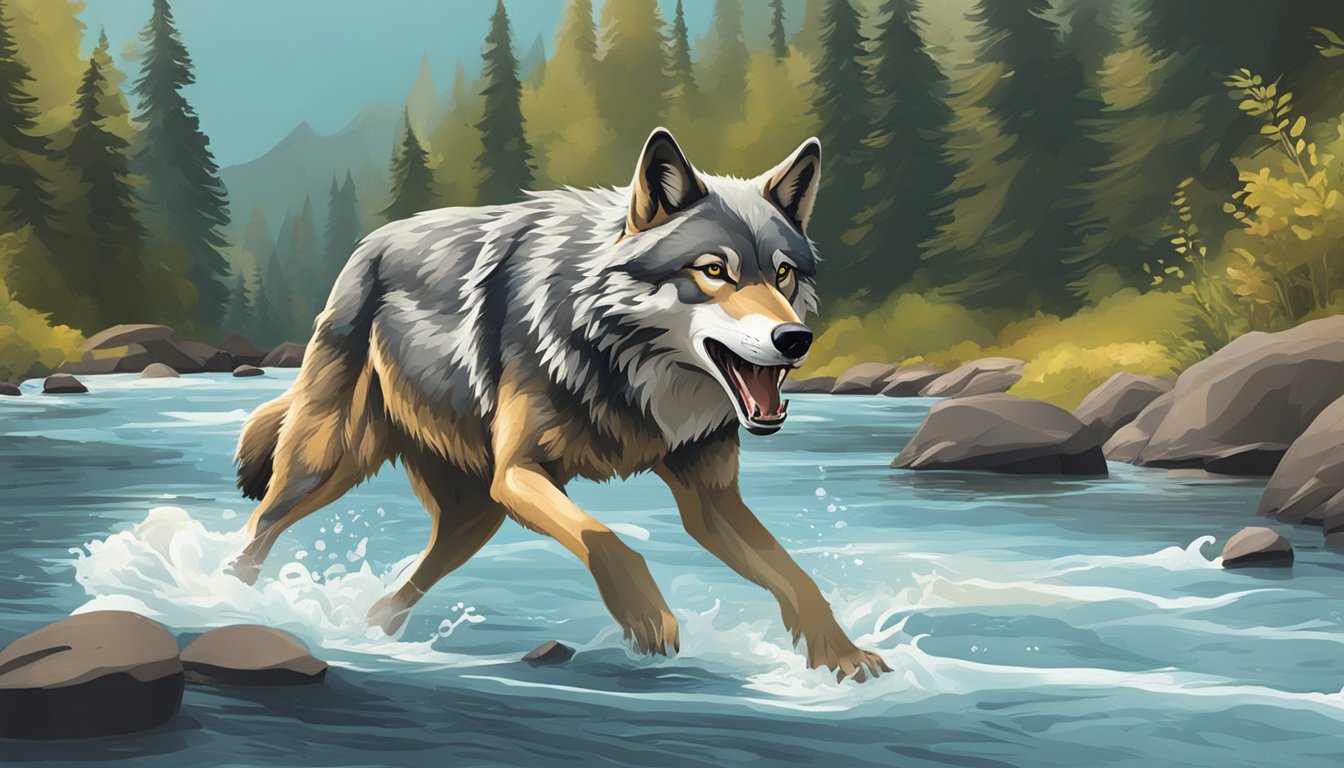 A wolf catching a salmon from a flowing river