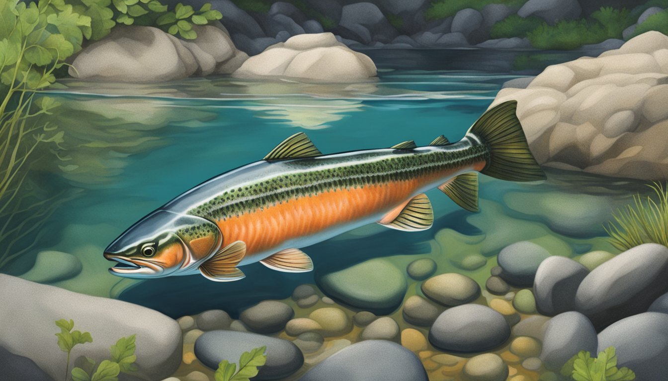 A salmon swimming in a clear, low-magnesium stream, surrounded by greenery and rocks