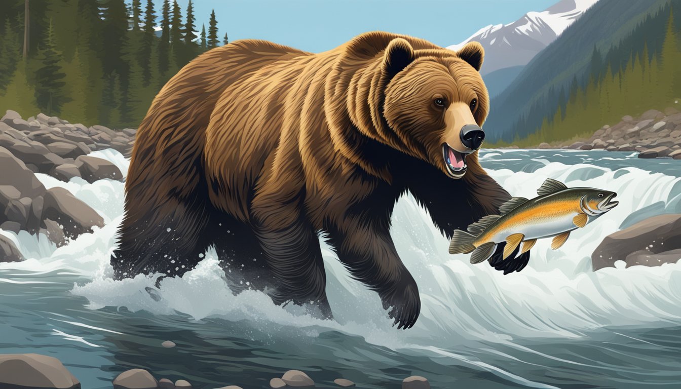 A grizzly bear catching a low magnesium salmon from a rushing river