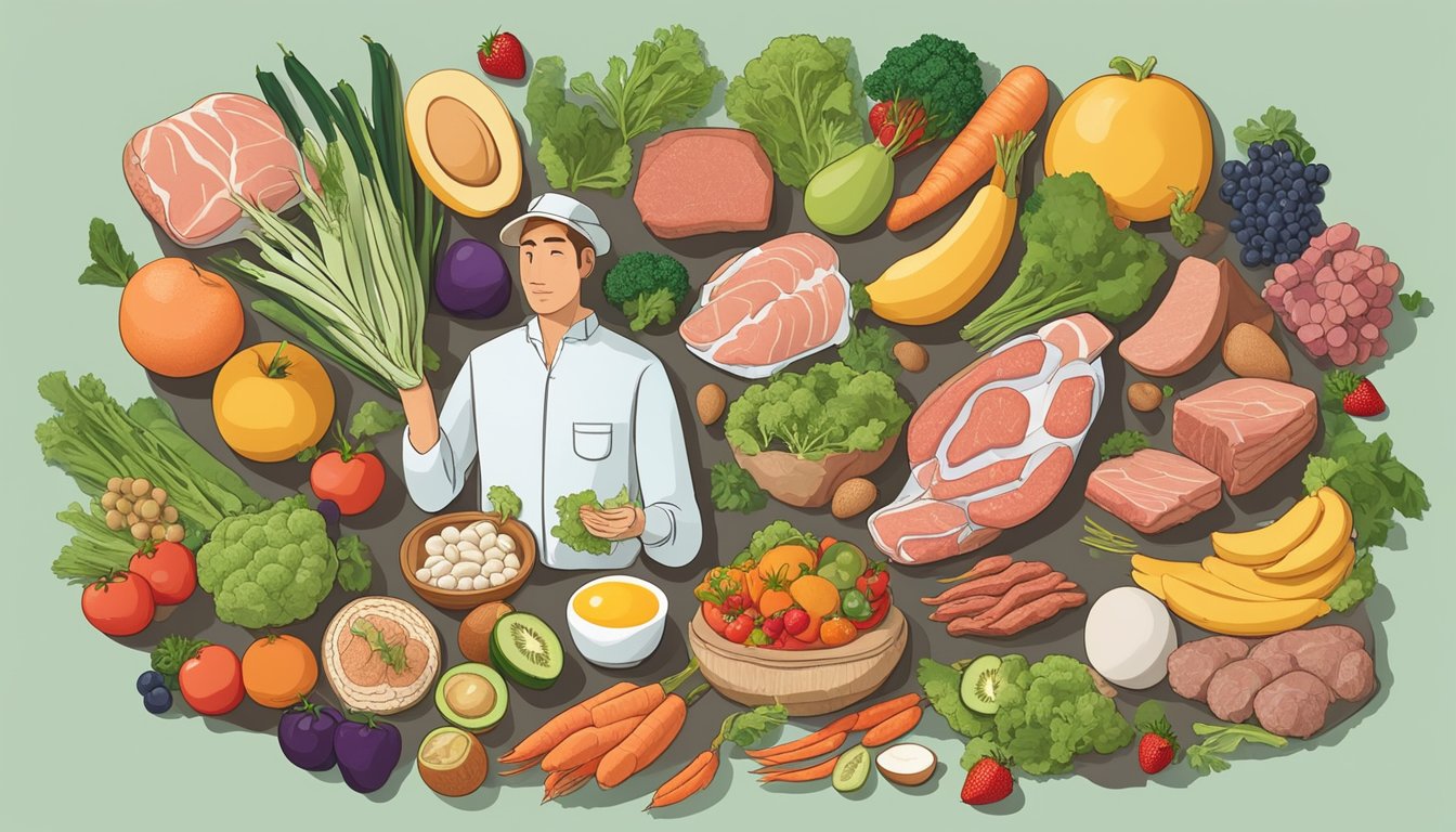 A variety of meat, fish, and eggs surrounded by a selection of fruits and vegetables, with a person showing signs of oral allergy syndrome after consuming certain plant-based foods